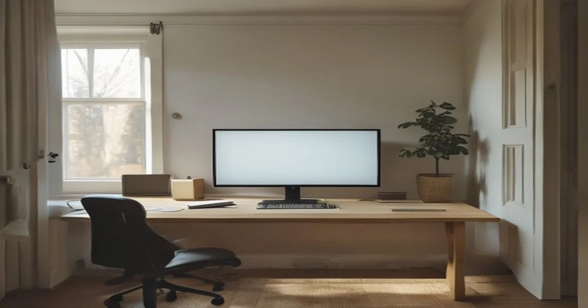 Quiet home office desk with a single blank monitor in natural daylight