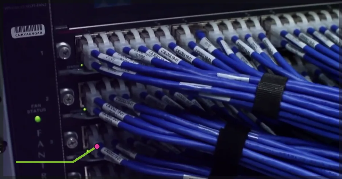 Rows of connected network cables in a communications rack