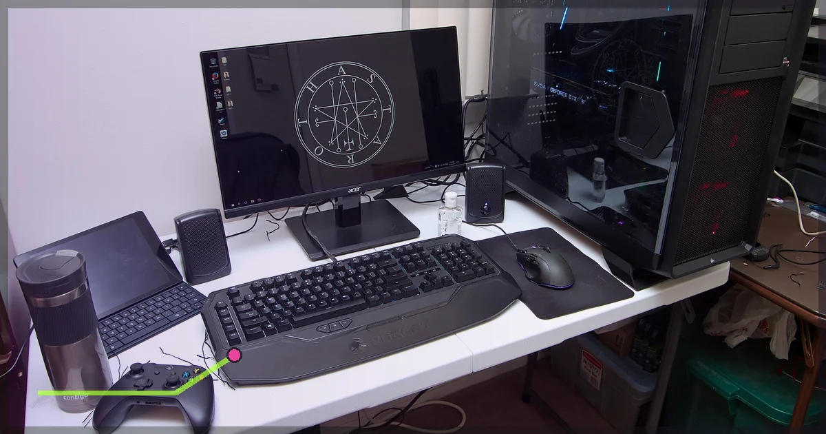 Complete desktop gaming setup with monitor, keyboard and tower
