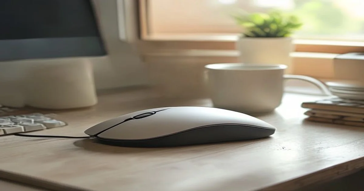 Plain computer mouse beside a ceramic cup on a lightly worn wooden desk