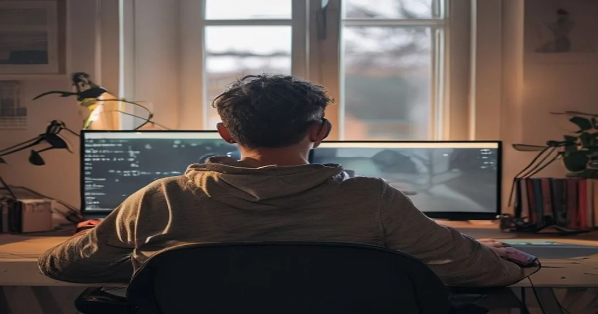 Adult gamer viewed from behind during a side-by-side connection test at a home desk