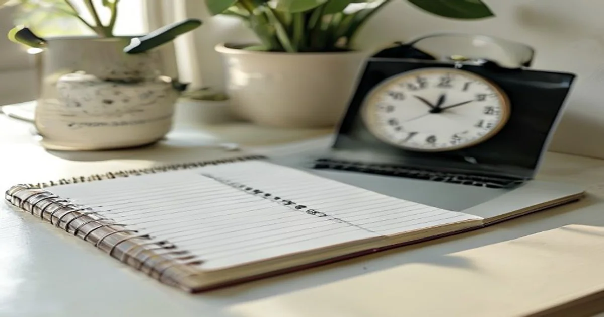 Analog clock and open test notebook on a plain desk during a connection check