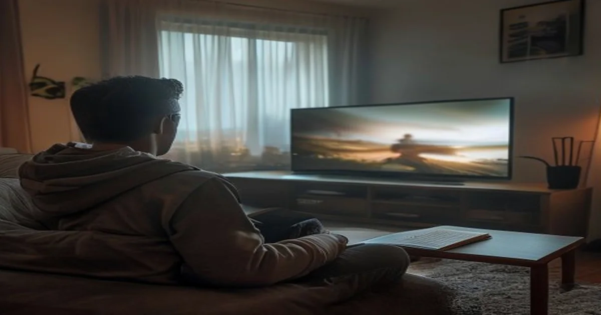 Casual gamer facing a softly focused television while recording test results in a notebook