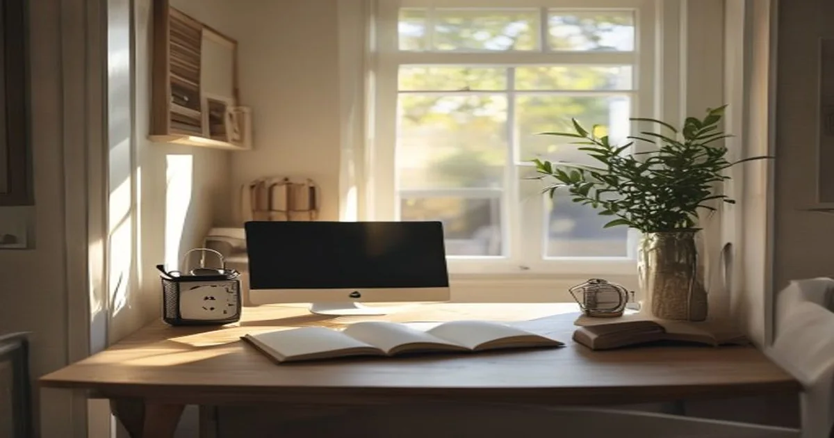 Quiet home office seen from the hallway with a softly focused desktop setup and notebook