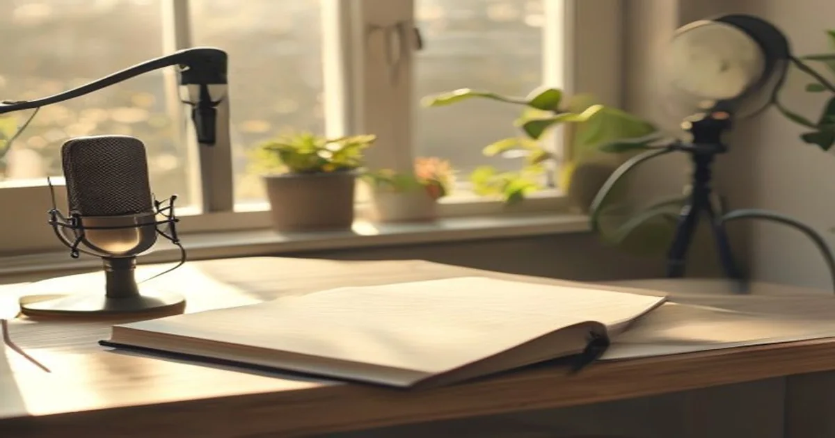 Plain desktop microphone beside a closed test notebook in neutral daylight