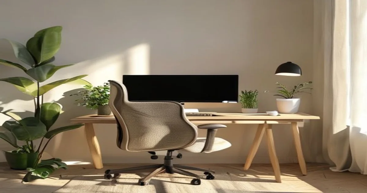 Simple home computer desk with a monitor and potted plant in neutral daylight