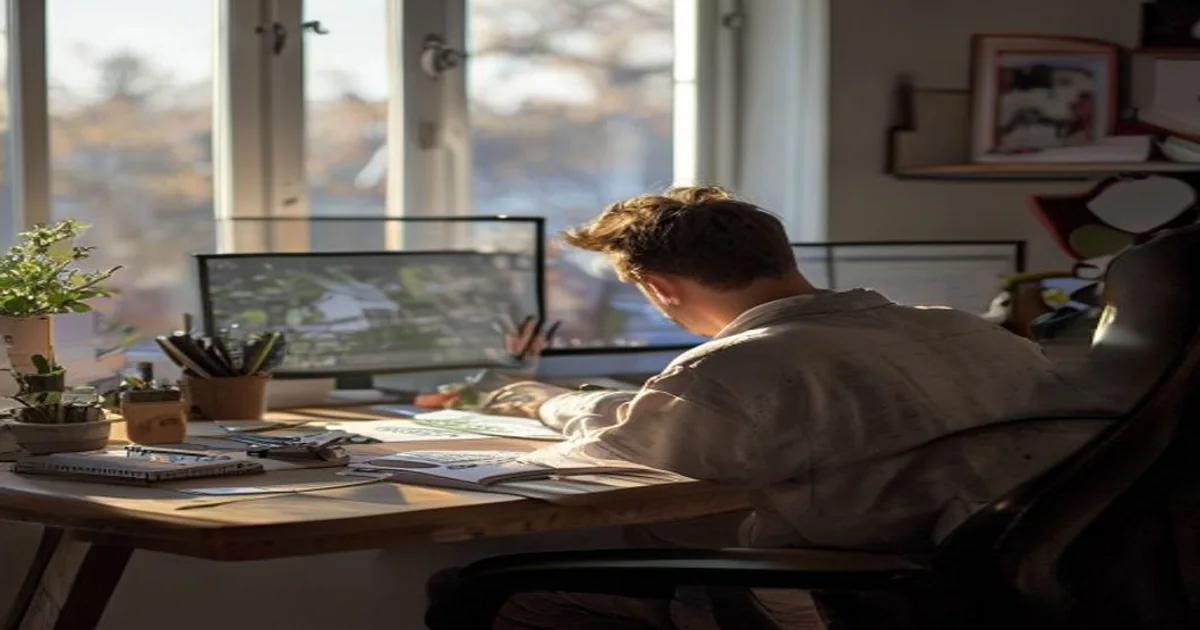 Gamer viewed from behind comparing connection notes beside a softly focused monitor