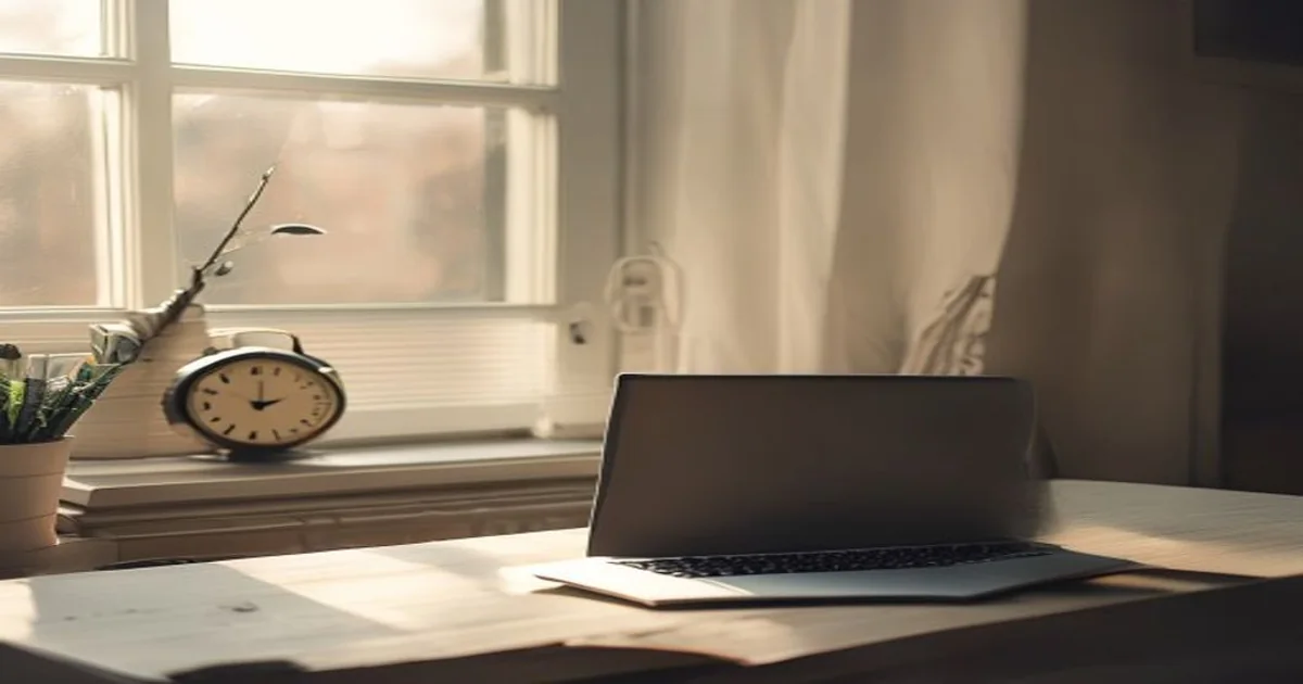 Quiet home computer desk with an edge-on laptop and analog timer after a download test
