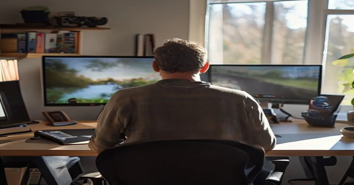 Adult gamer viewed from behind at a home computer desk with two monitors