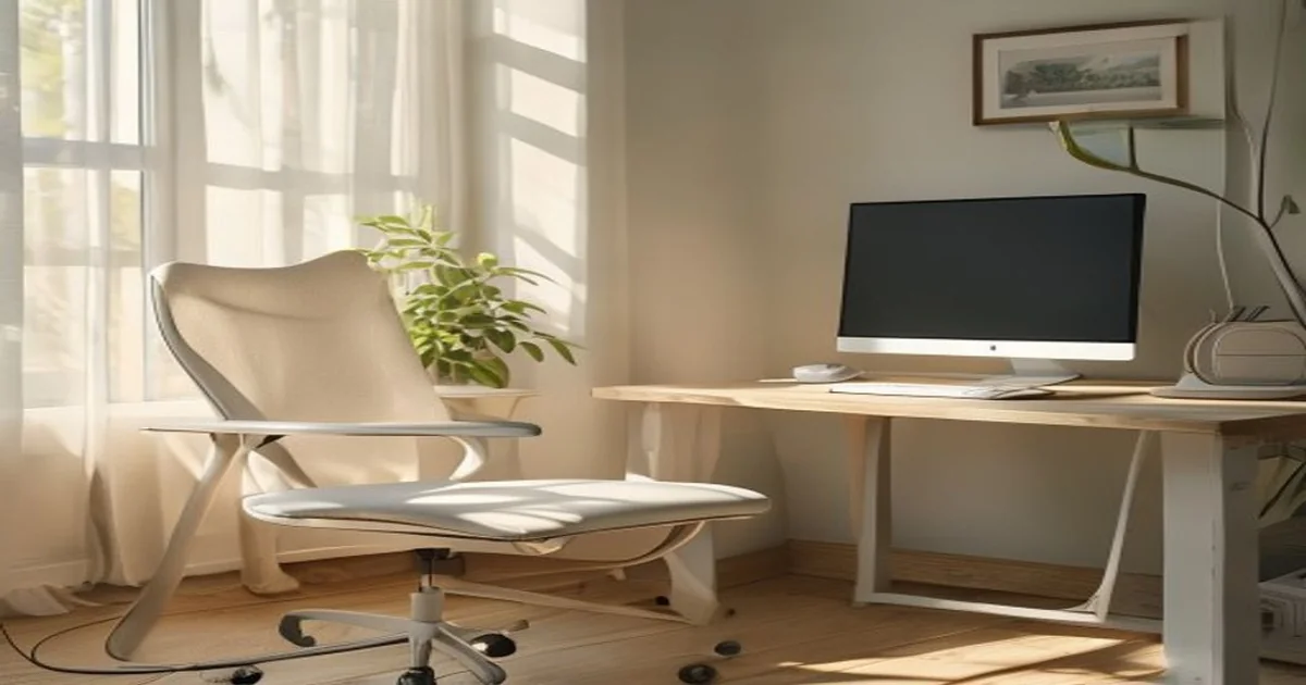 Empty home computer desk with a plain mouse and monitor in neutral daylight