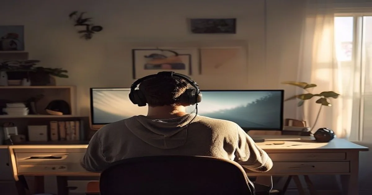 Adult gamer seen from behind wearing headphones at a neutral daylight desk