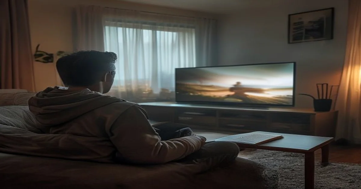 Gamer viewed from behind testing latency from a sofa with a notebook nearby
