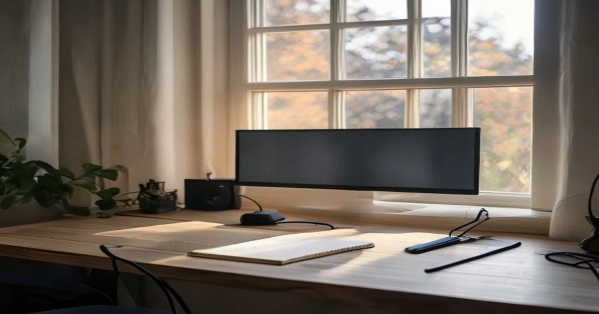 Quiet home gaming desk viewed from a doorway with a distant monitor and notebook