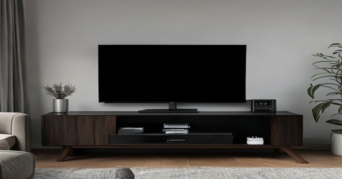 Home television and black game console arranged on a living-room media cabinet