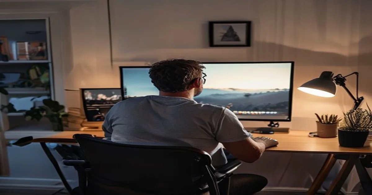 Adult gamer viewed from behind at a home computer desk during a troubleshooting break