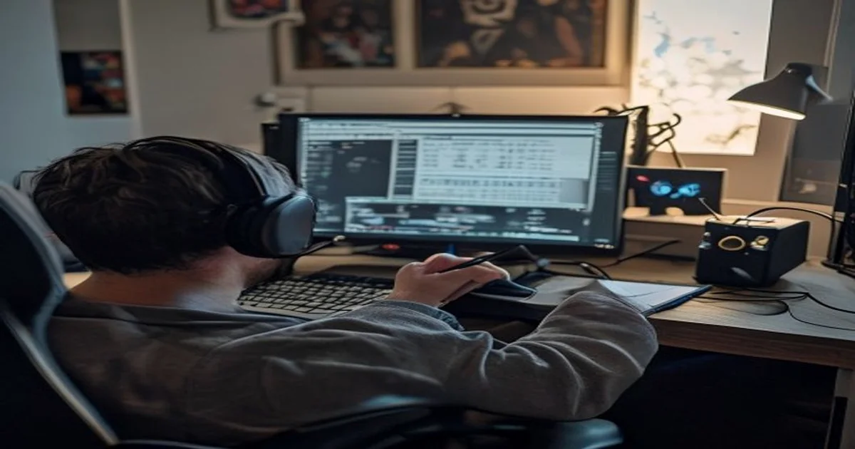 Adult gamer viewed from behind recording connection tests at a desktop computer