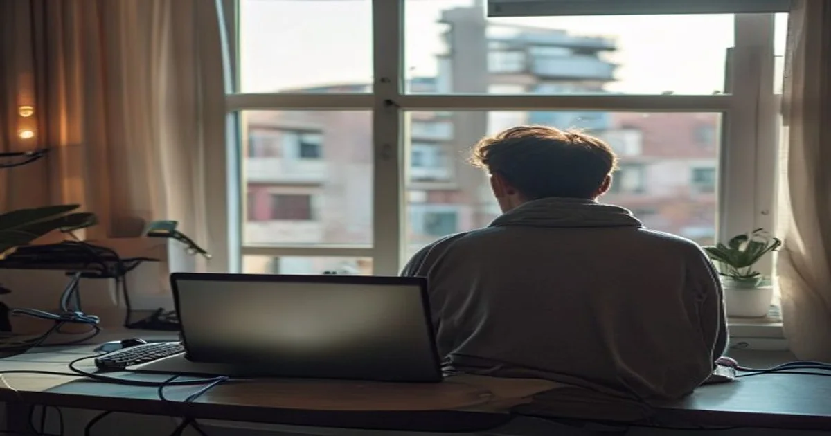 Adult gamer viewed from behind while pausing a home computer download