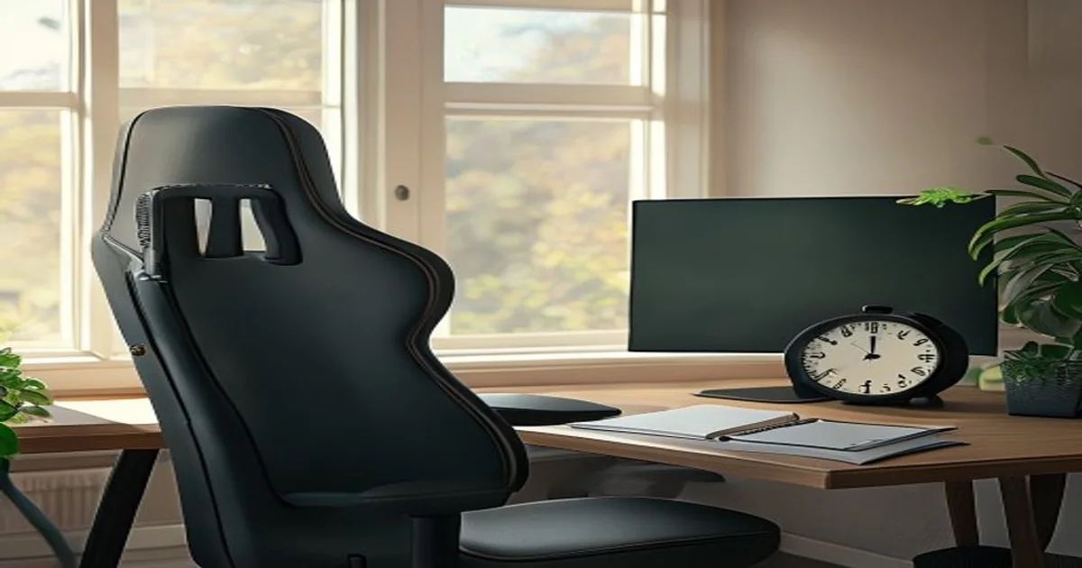 Empty gaming chair facing a softly focused monitor with a notebook and analog stopwatch on the desk