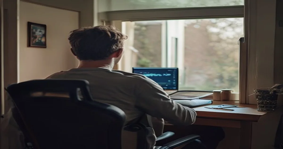 Adult gamer viewed from a doorway at a home desk with a laptop