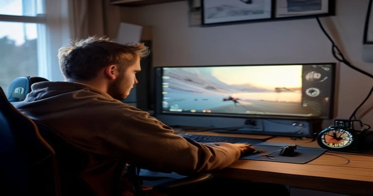 Seated gamer timing a wired connection test beside a softly focused desktop monitor