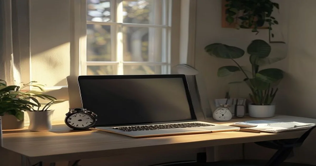 Closed laptop and analog stopwatch on a quiet home desk after a latency test