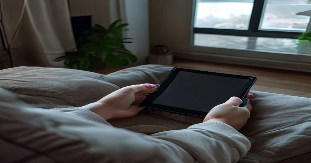 Person holding a portable handheld game console while relaxing at home
