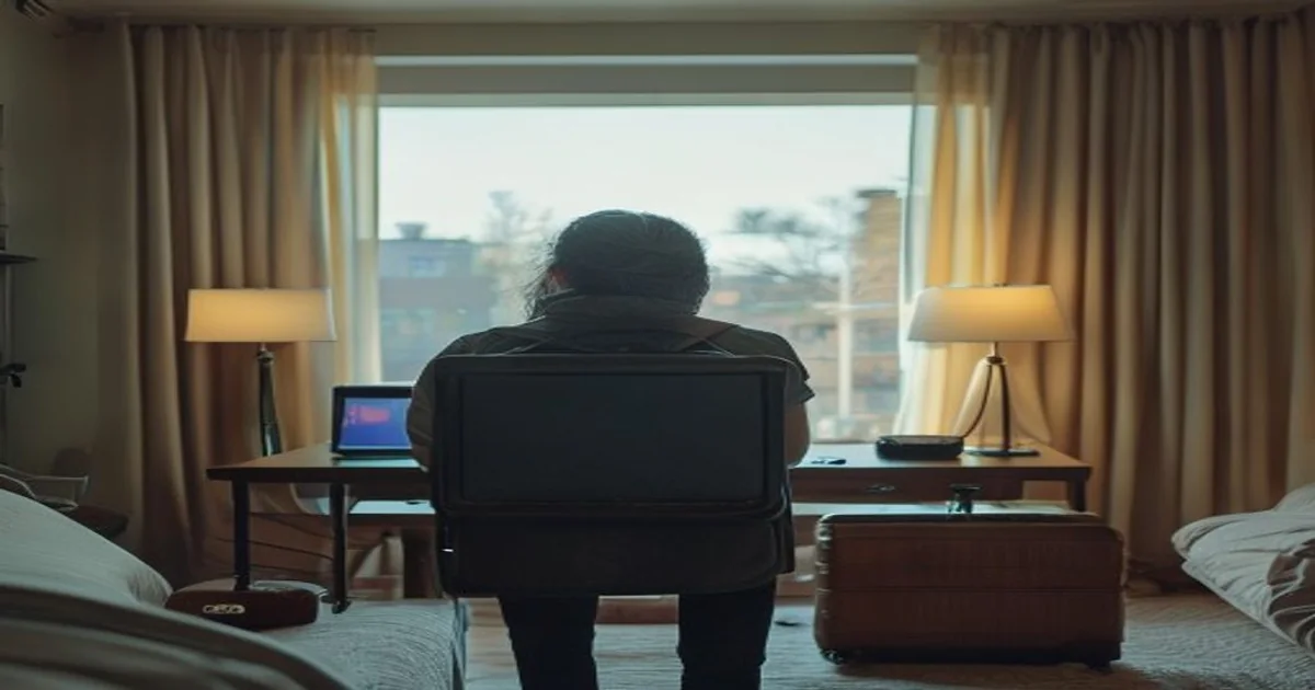 Traveler using a gaming laptop at a hotel-room desk