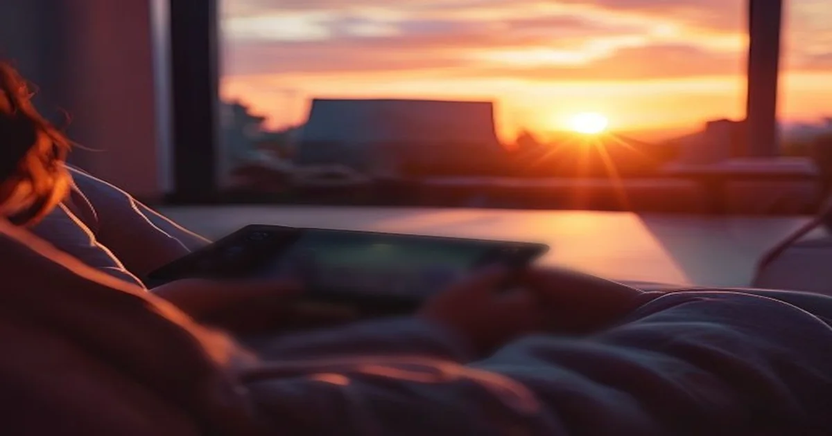 Person relaxing with a handheld gaming PC near a window at sunset