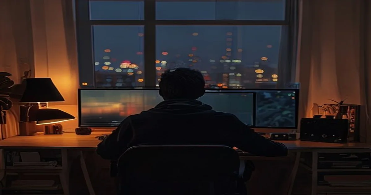 Gamer at a desktop setup overlooking city lights late at night