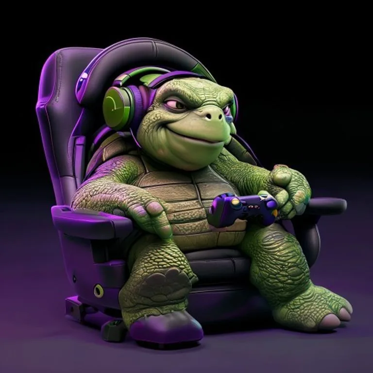 Lag, LagZero's unbothered turtle gamer, relaxing with headphones and a controller in a purple chair